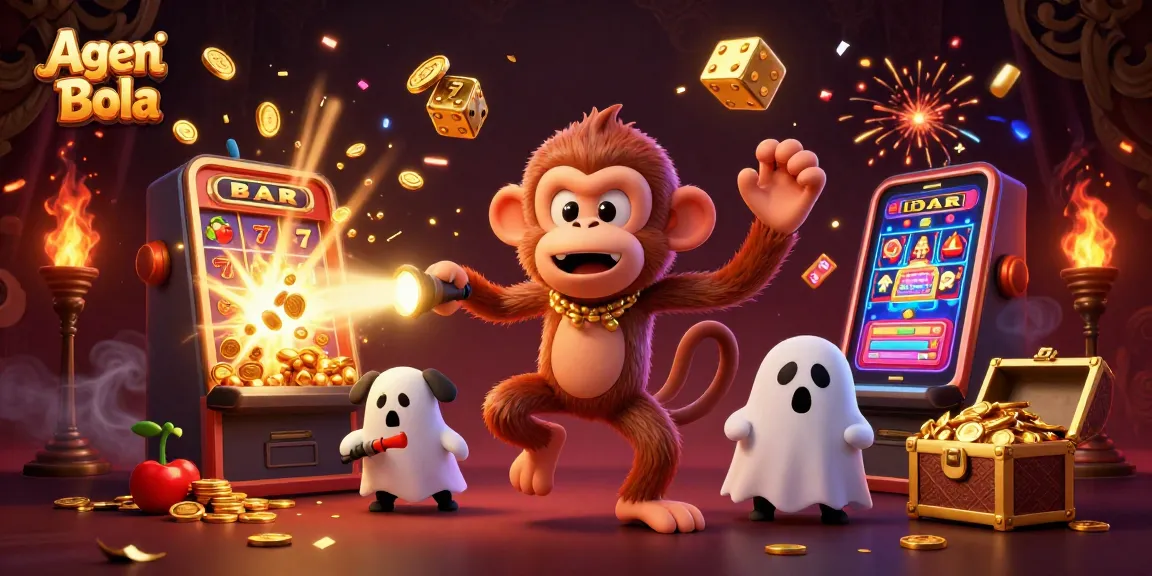 Agen Judi Bola showcases a playful scene with a mischievous monkey juggling in a lavish casino.