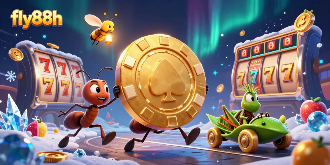 Exciting scene with fly88h showcasing a team of ants heisting a giant poker chip amid vibrant slot elements.