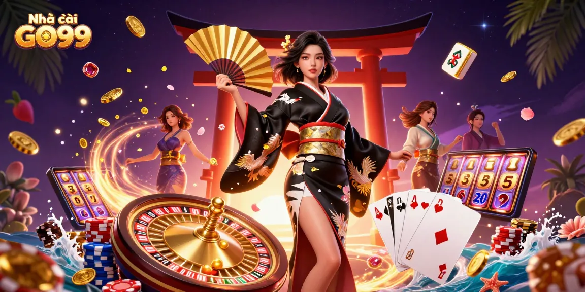 Engage with Nhà cái GO99 through vibrant 3D casino artwork featuring a dynamic scene packed with gaming elements.