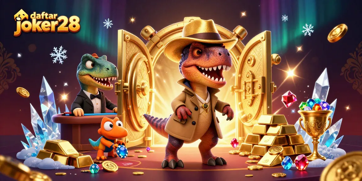Daftar joker28 dengan velociraptor di meja blackjack dan harta karun berkilauan.