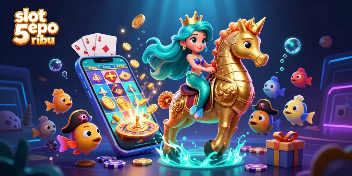 Experience excitement with slot depo 5 ribu in vibrant casino-themed underwater 3D illustration featuring animated characters and game elements.