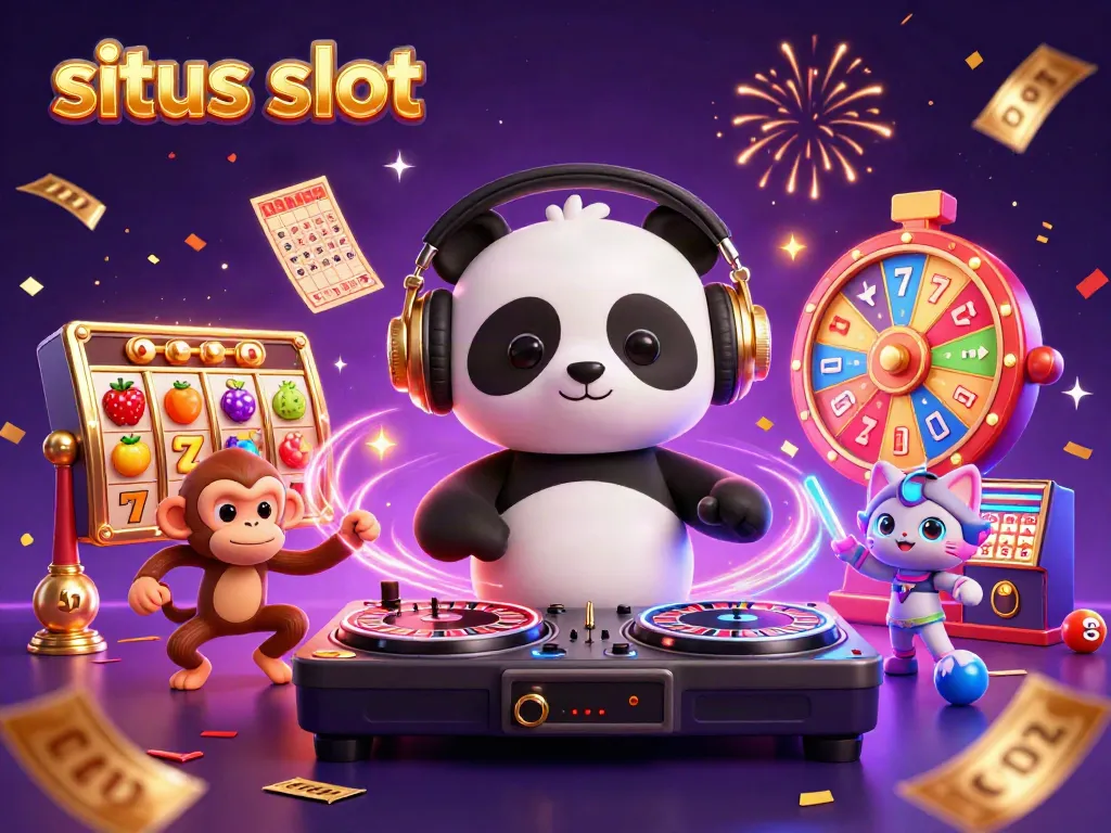 Ilustrasi situs slot dengan panda DJ, monyet menari, dan anak kucing, penuh elemen permainan chip dan kemenangan.