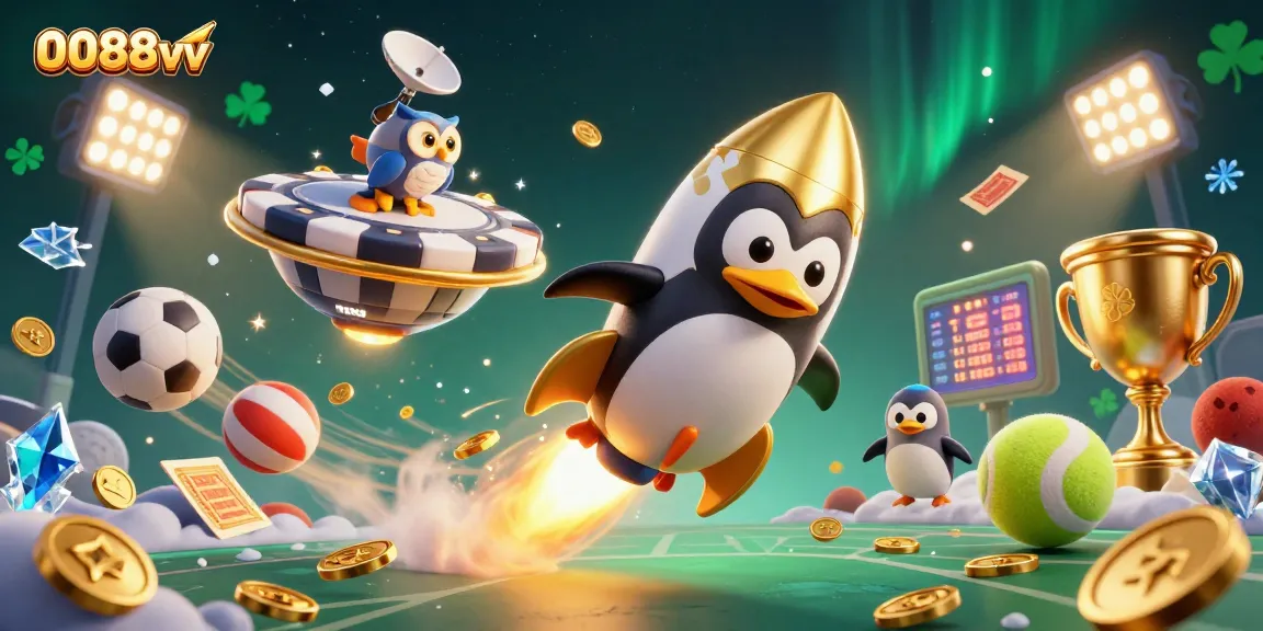 Engage in thrilling betting experiences at 0088vv featuring a golden penguin and dynamic sports elements.