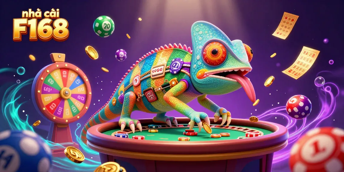 Engage with nhà cái F168 in this dynamic 3D casino scene featuring a chameleon casino owner capturing golden coins while surrounded by vibrant lottery elements.