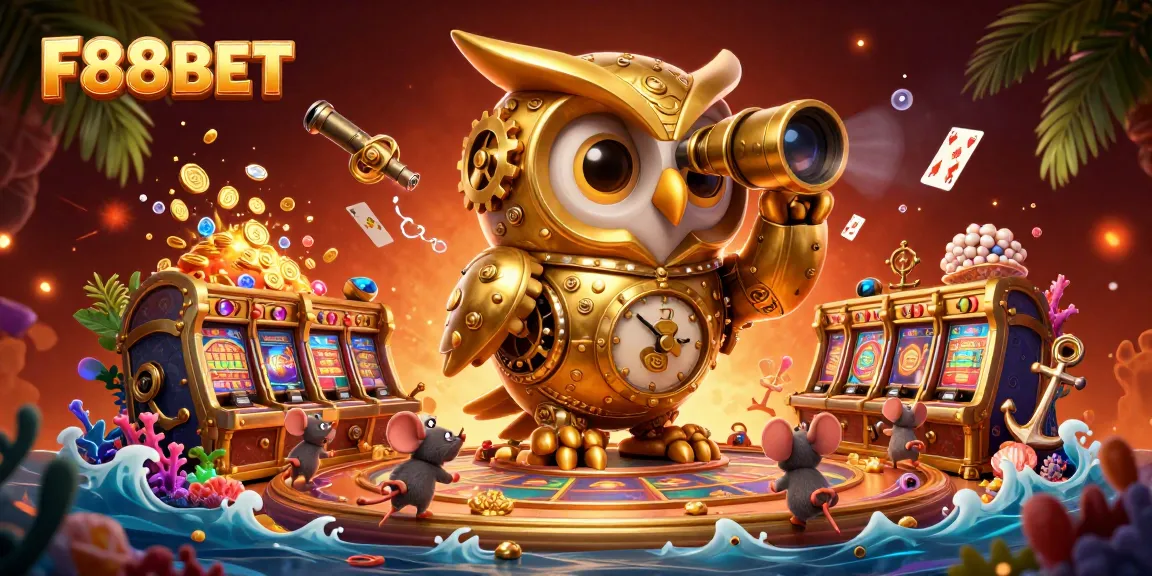 Experience the vibrant world of F88BET with a dynamic casino scene featuring a golden owl, playful mice, and rich treasures.