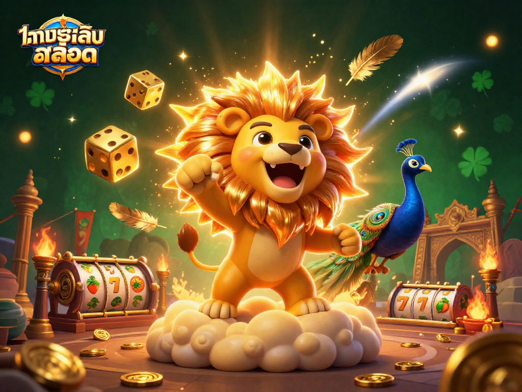 Experience ทดลองเล่นสล็อต with golden lion, vibrant casino elements, and dynamic decorations in 3D illustration.
