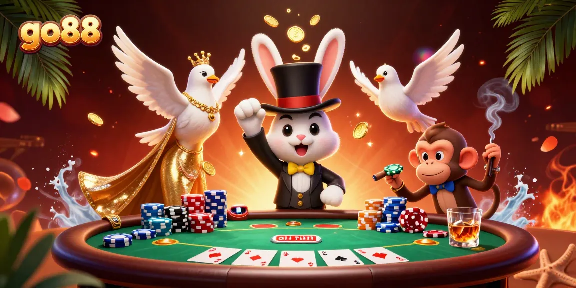 Experience exciting gameplay at go88 with a lively illustration of casino characters and poker action.