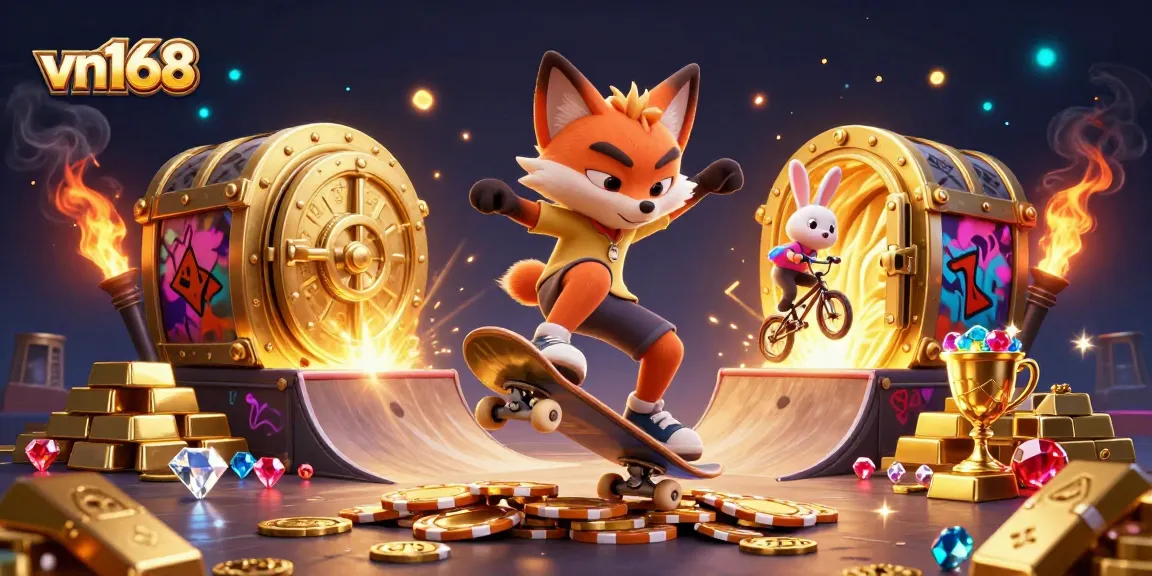 Experience thrilling gaming at vn168 with a skateboarder fox and BMX rabbit amidst golden treasures.