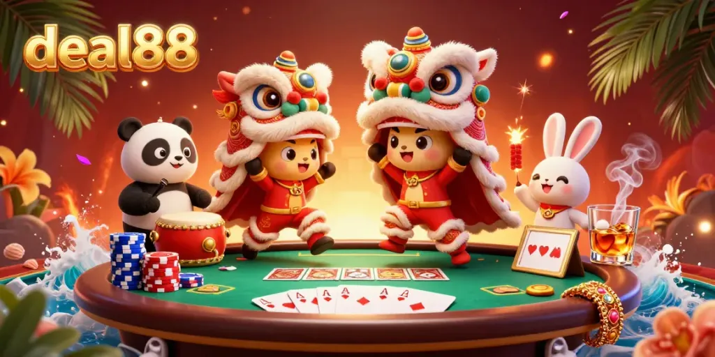 Play poker with deal88 in a lively 3D scene featuring a lion dance, panda, and rabbit.