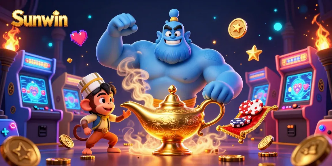 Join the excitement at Sunwin with a magical scene featuring a genie, monkey, and casino-themed elements in dynamic action.
