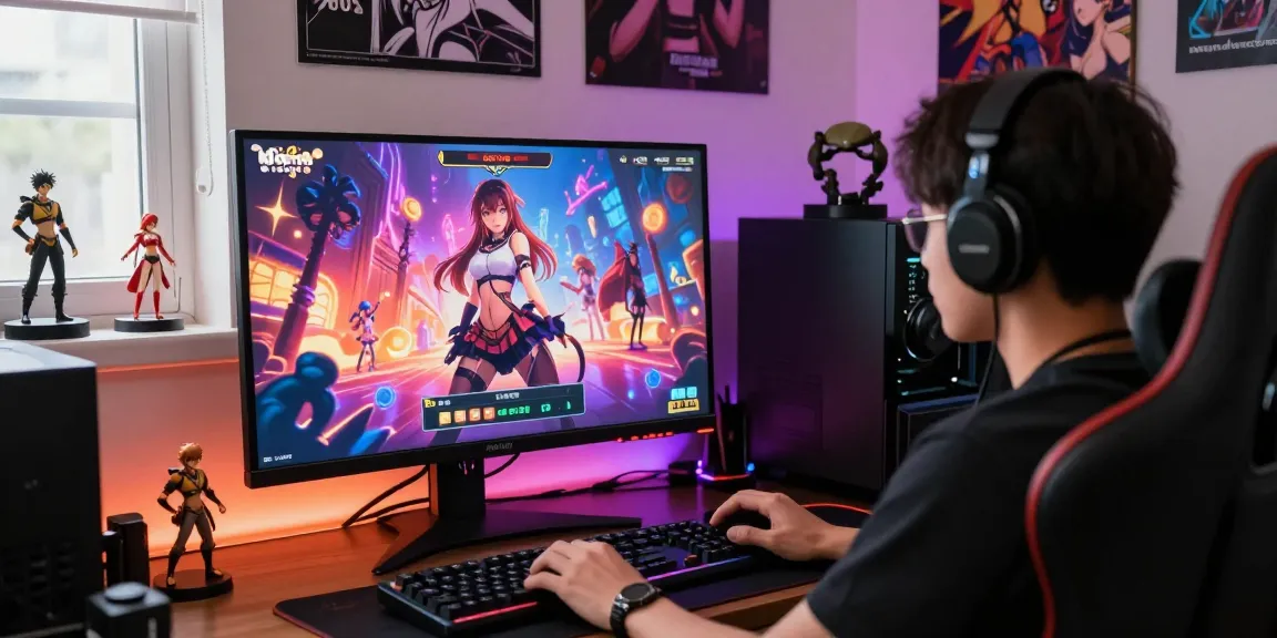 Engaged player enjoying a vibrant hentai game in a themed gaming setup.