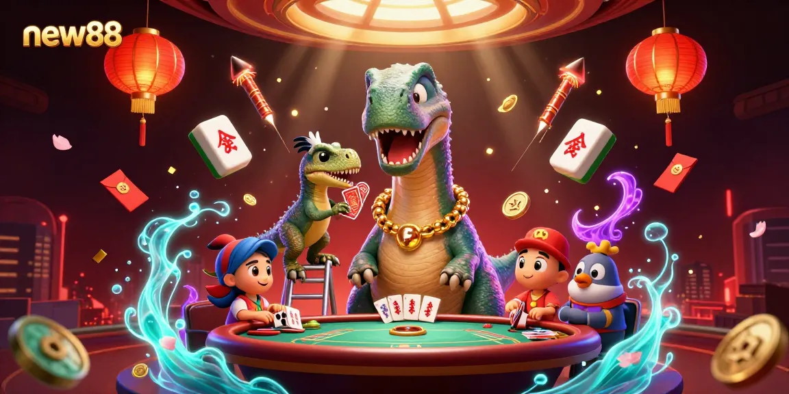 Play new88 with vibrant casino-themed 3D illustration showcasing cards, lanterns, and unique characters.