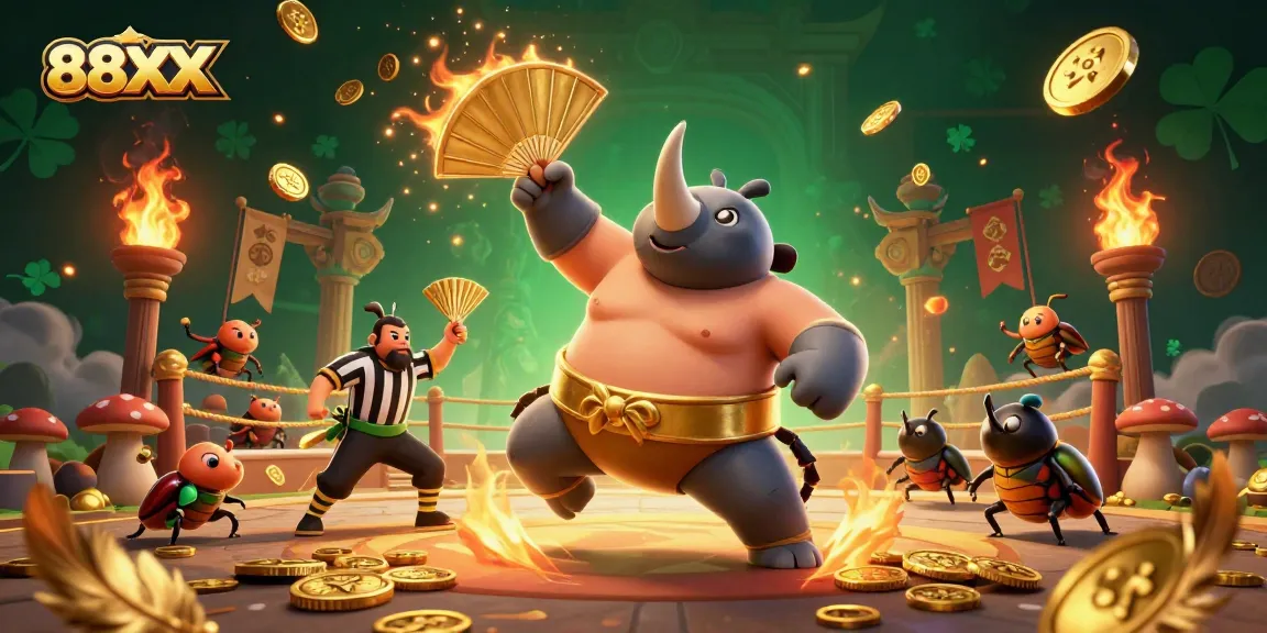 Experience the action of 88XX as the beetle champion wins big in a vibrant casino fight.