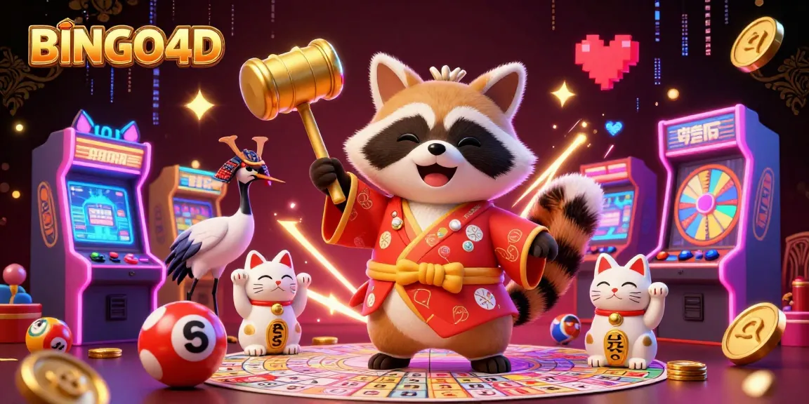 Bermain BINGO4D sambil menikmati suasana meriah dengan karakter tanuki dan kucing keberuntungan.