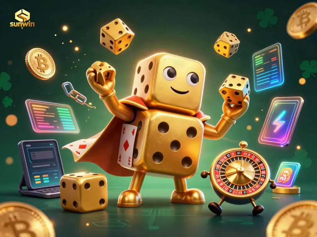 Sunwin's massive golden dice golem and companions showcase dynamic gaming action with cryptocurrencies.