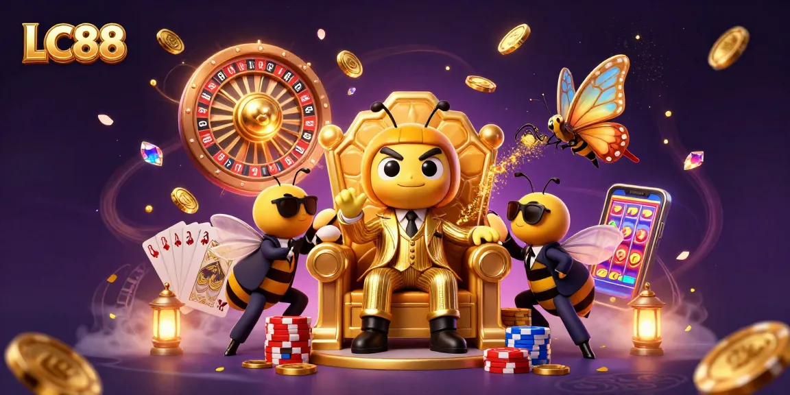 Experience thrilling wins at LC88 casino with colorful games, royal flush cards, and dazzling coins.