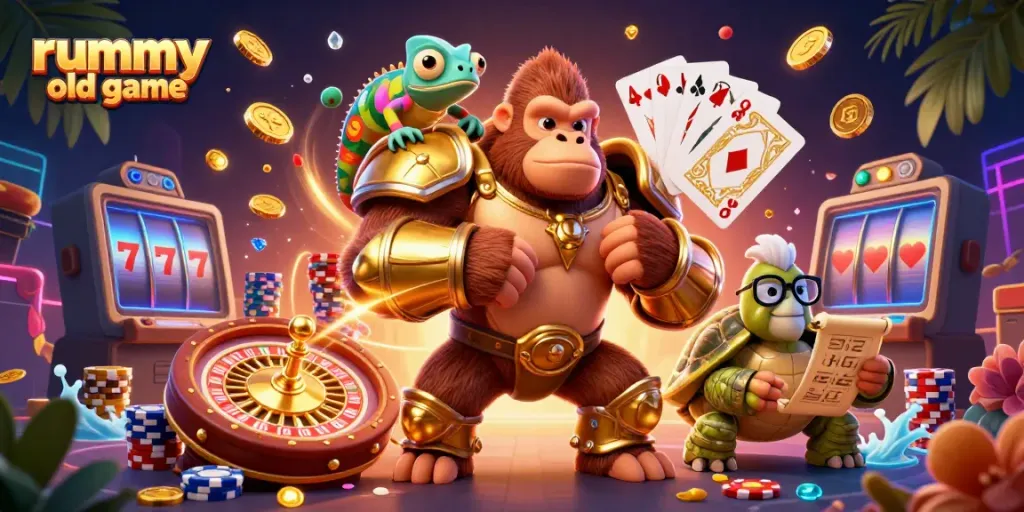 Permainan rummy old game dengan karakter unik dalam lingkungan kasino yang penuh aksi.