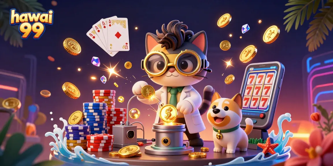 Experience the thrill of hawai 99 with the mad scientist cat and dog in a lively casino scene.