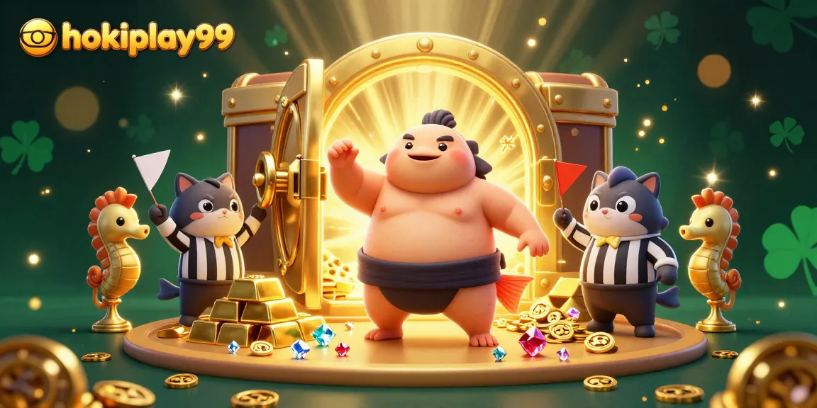 Experience the thrilling underwater world of hokiplay99 with a lively fugu surrounded by treasures and spectators.