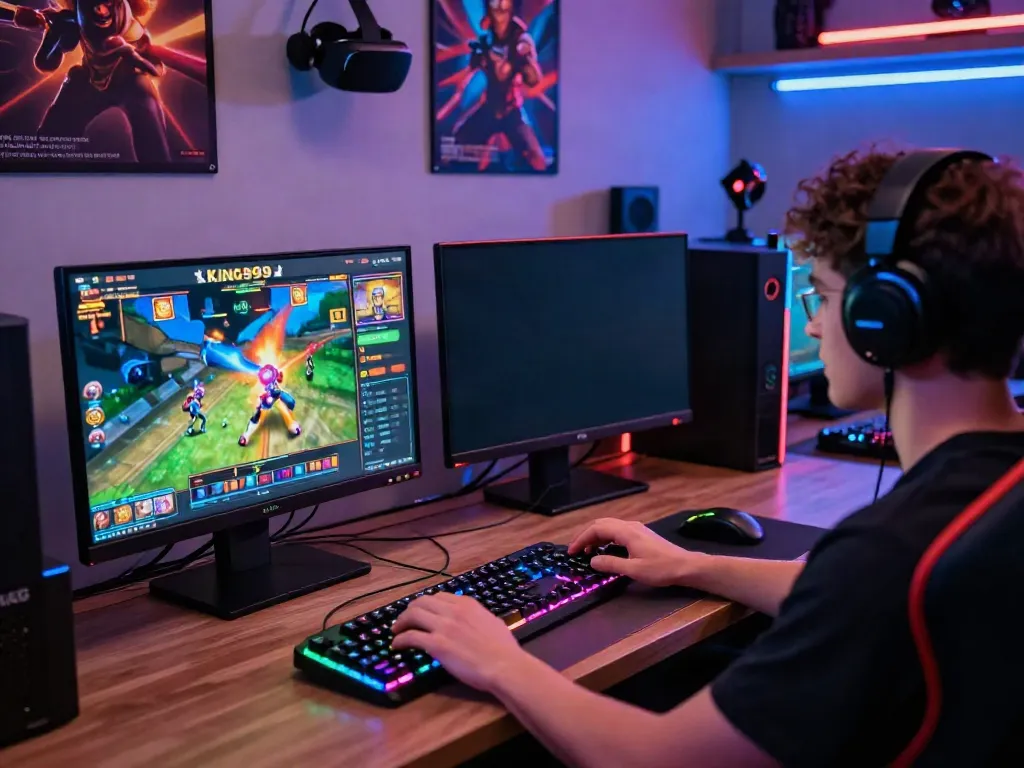Engaged gamer playing KING999 online slots in a vibrant gaming setup.
