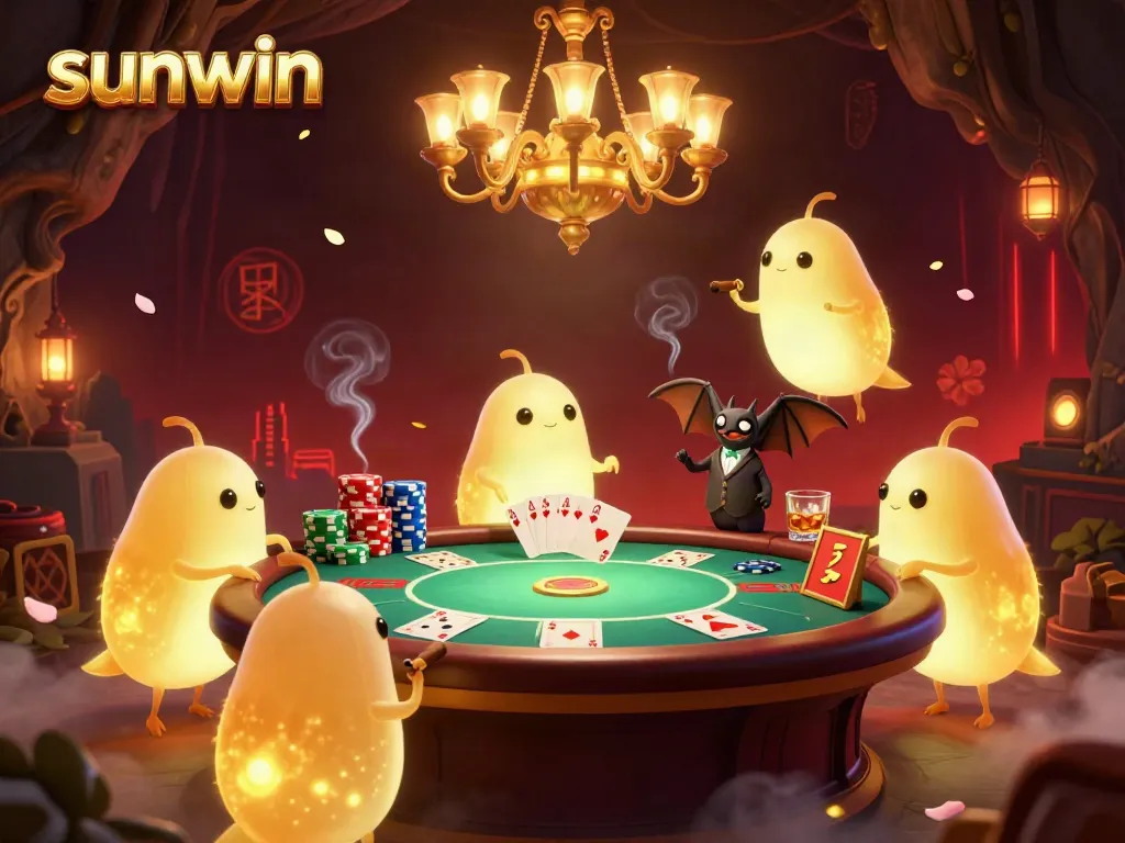 Experience the vibrant cave casino lit by glowworms at sunwin, featuring poker tables and rich gambling details.