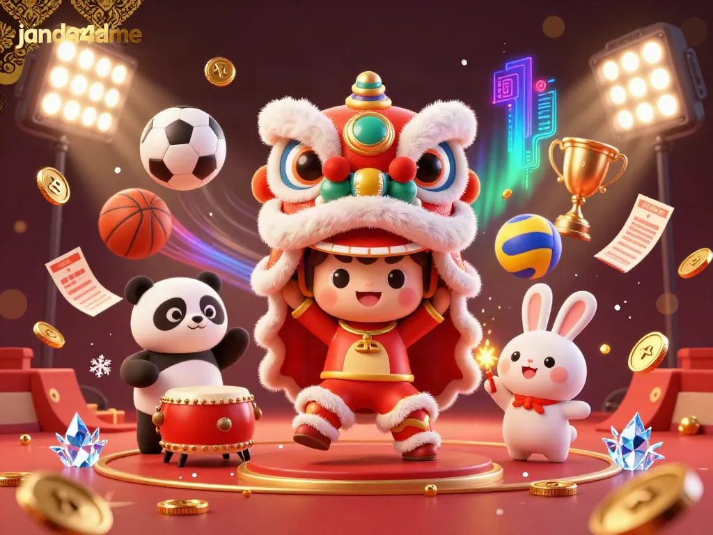 Promosikan janda4dme dengan gambar karakter tari singa Tiongkok yang berperan aktif di dalamnya, dikelilingi bola olahraga dan elemen kasino menarik.