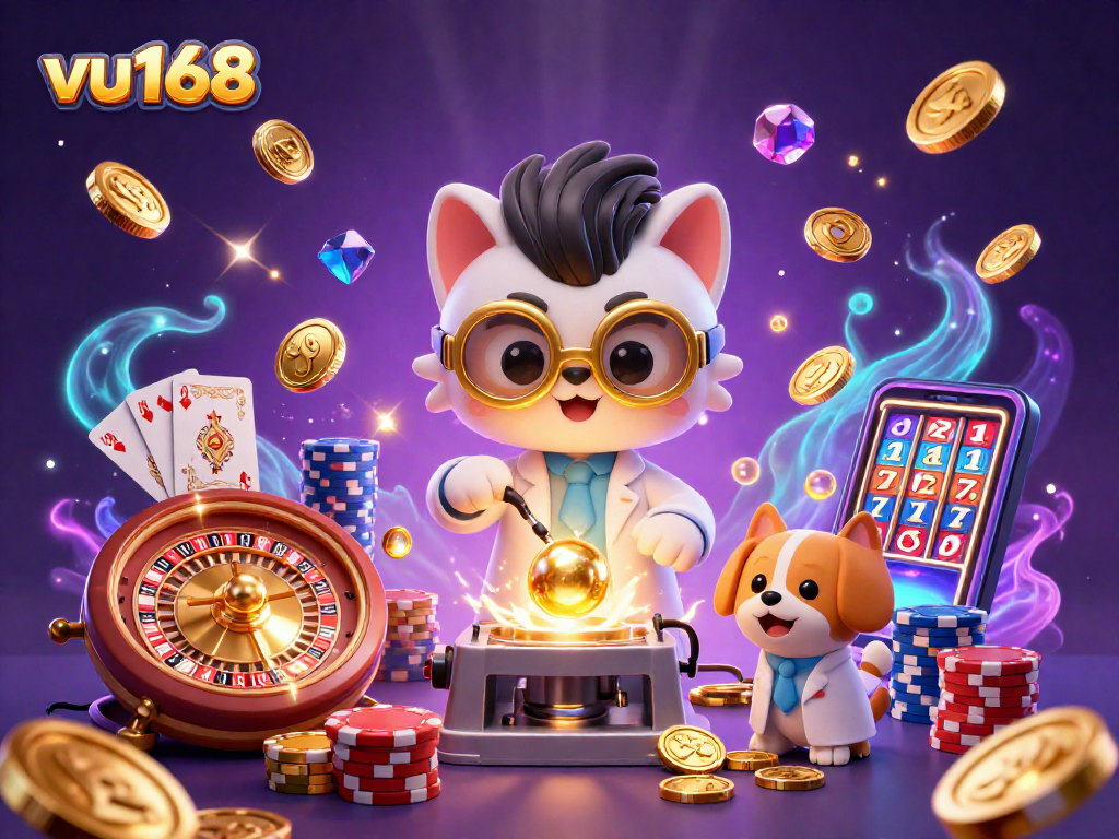 Engage with the fun at vu168, where a cartoon scientist creates a gold-coin machine amidst coins and sparkling gems.