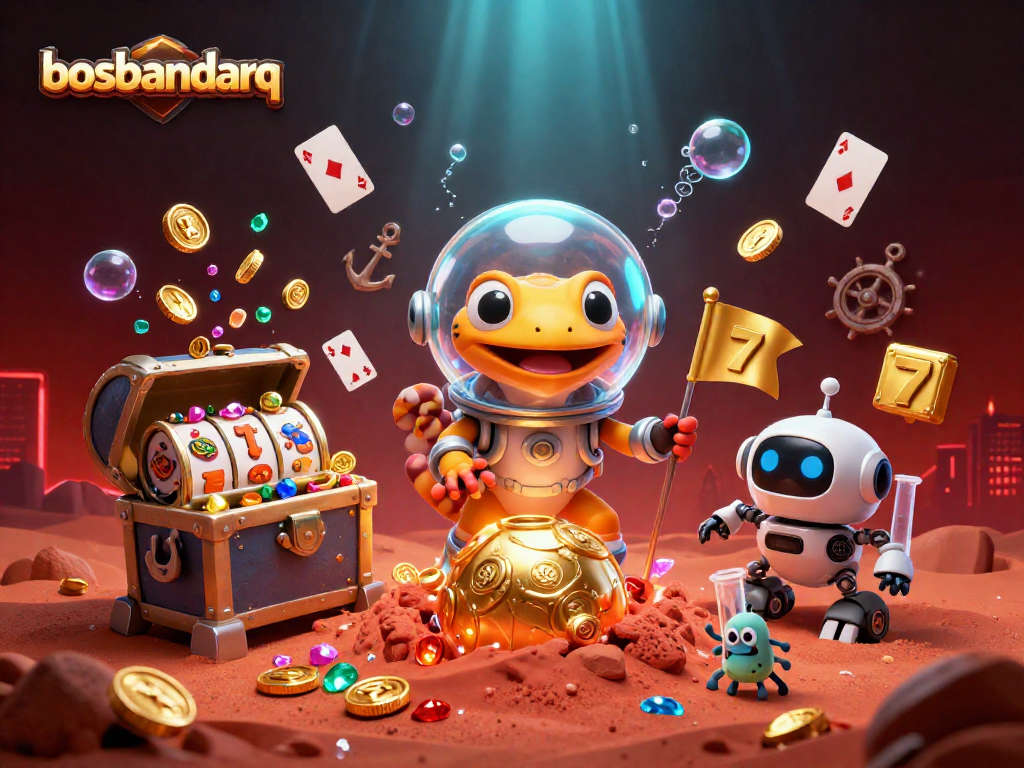 Engage with bosbandarq at a unique casino scene showcasing a Martian gecko and treasures.