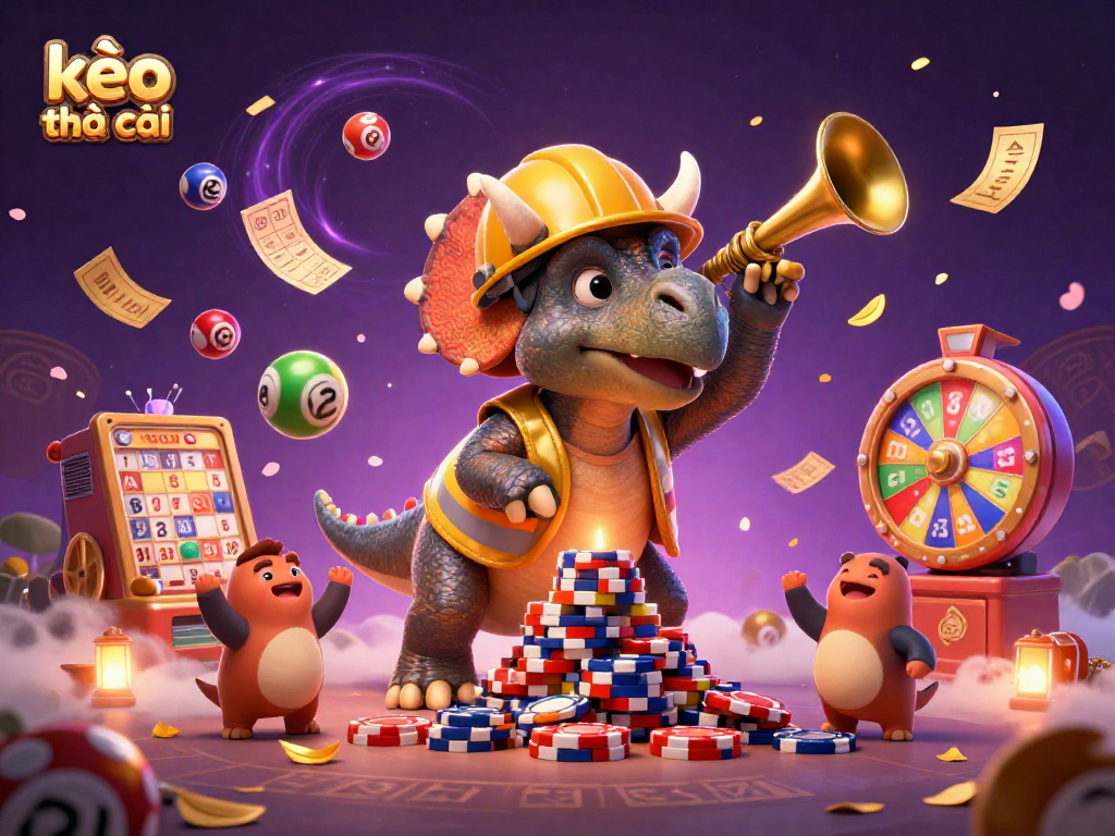 Engage with kèo nhà cái as a dynamic scene unfolds with playful dinosaurs among lottery elements.