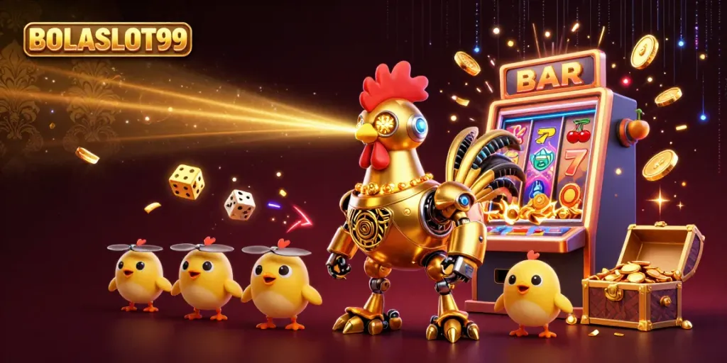 Experience the thrilling world of BOLASLOT99 with vivid 3D illustrations of a golden rooster robot amidst flying casino symbols.