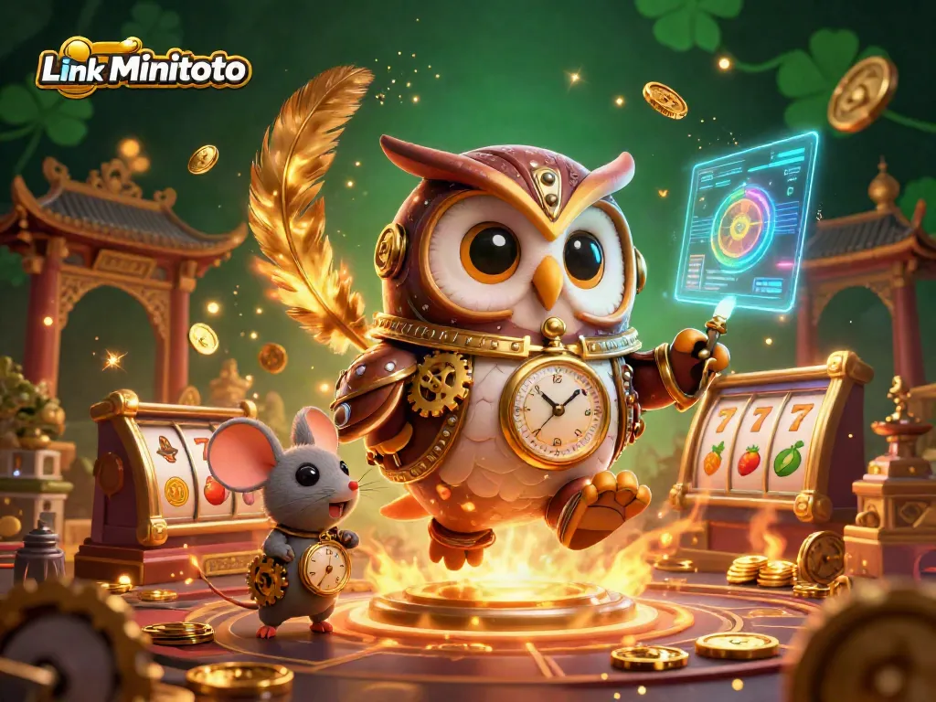 Gambarlah Link Minitoto dengan karakter burung hantu dan tikus di kasino, memperlihatkan banyak elemen permainan.