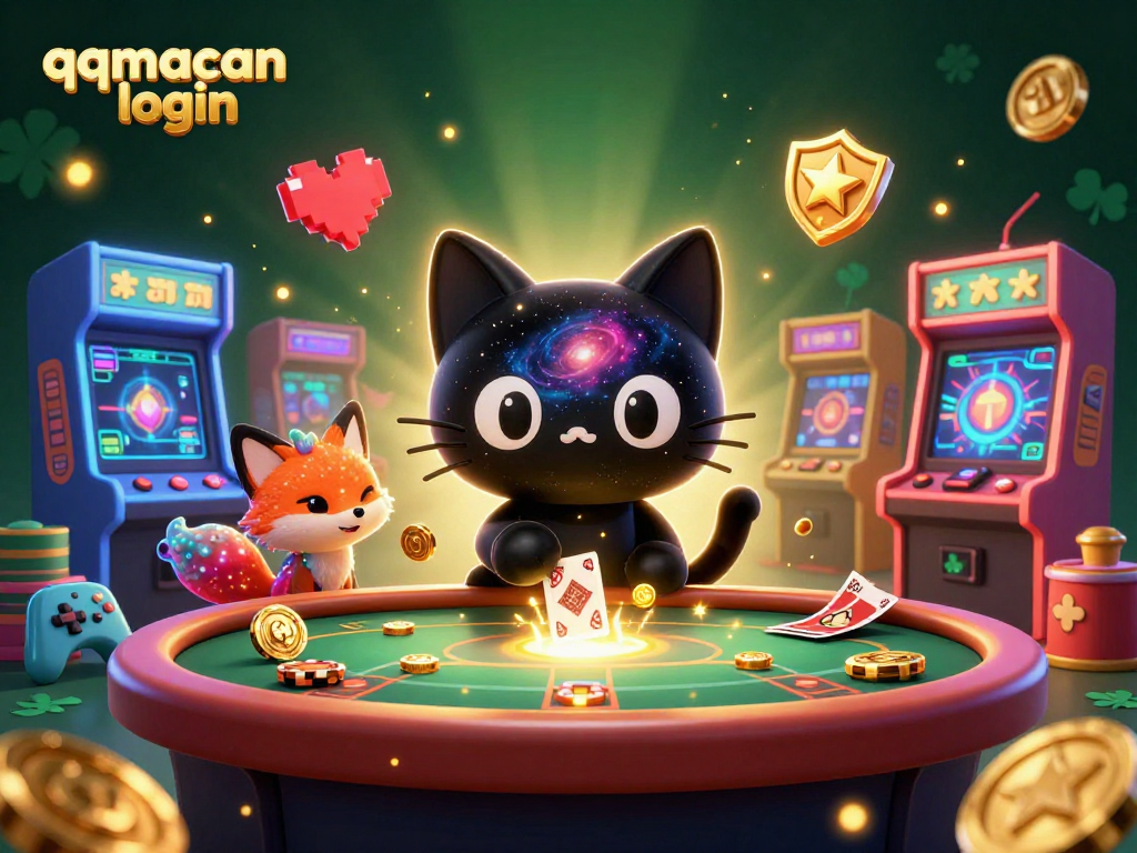 Engage in the vibrant qqmacan login experience with cosmic casino characters and energetic gaming elements.