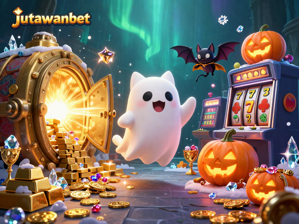 Engage with jutawanbet's thrilling atmosphere featuring a ghost cat and treasures in a haunted casino.