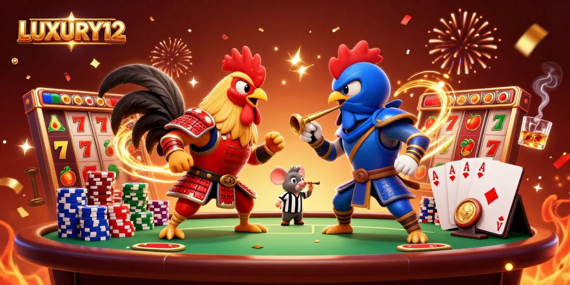 Experience thrilling gameplay with LUXURY12 through dynamic cartoon roosters battling at a poker table.