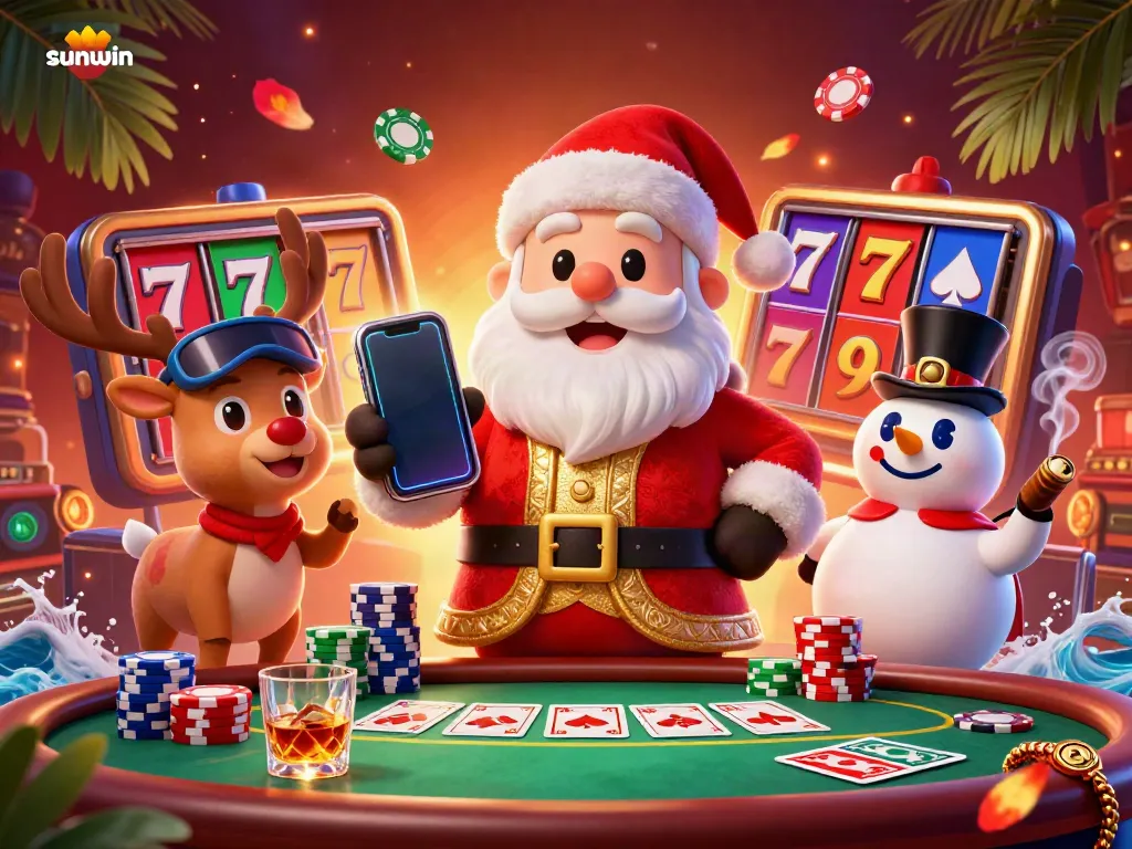 Experience the thrilling jackpot action at sunwin with Santa, a reindeer dealer, and a poker chip snowman.