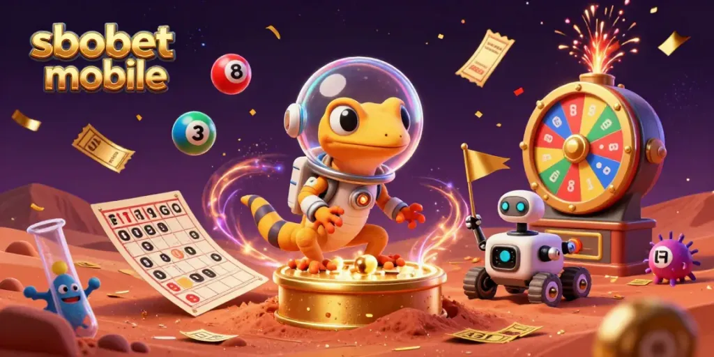 Experience sbobet mobile at a vibrant Martian casino with animated lottery elements and celebrating alien characters.
