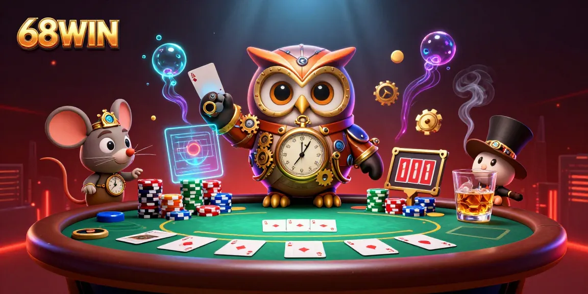 Experience the excitement of 68WIN in a vibrant casino scene featuring a time-traveling owl and poker elements.