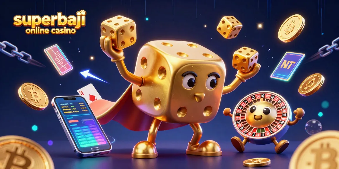Play dynamic games at superbaji online casino with a whimsical 3D cartoon illustration featuring golden dice and crypto elements.