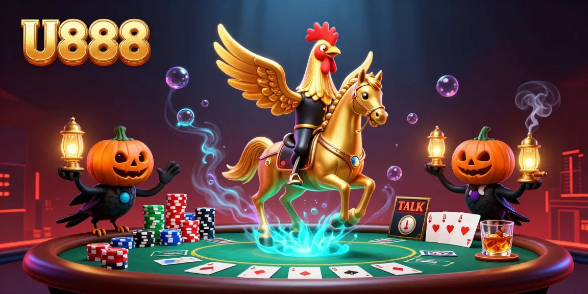 Experience the thrill of U888 with a golden rooster and poker elements in a vibrant casino scene.