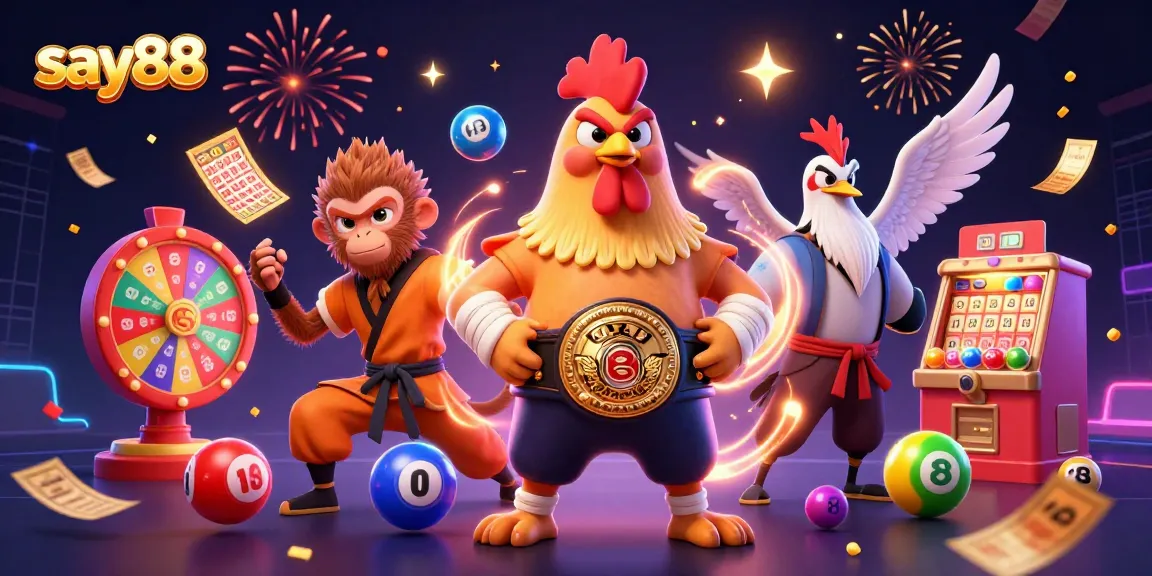 Experience the thrill of say88 with online gaming; lively illustration showcasing vibrant lottery elements and characters.
