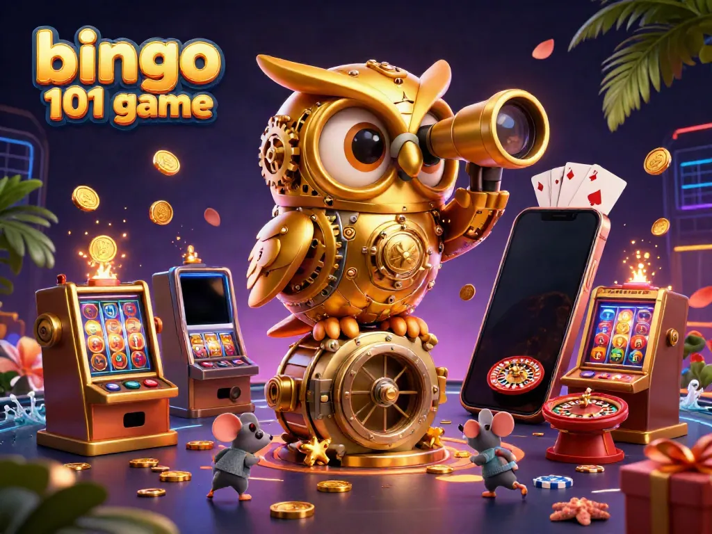 Permainan bingo 101 game dengan burung hantu emas mendengarkan aksi slot yang menggemparkan kasino.