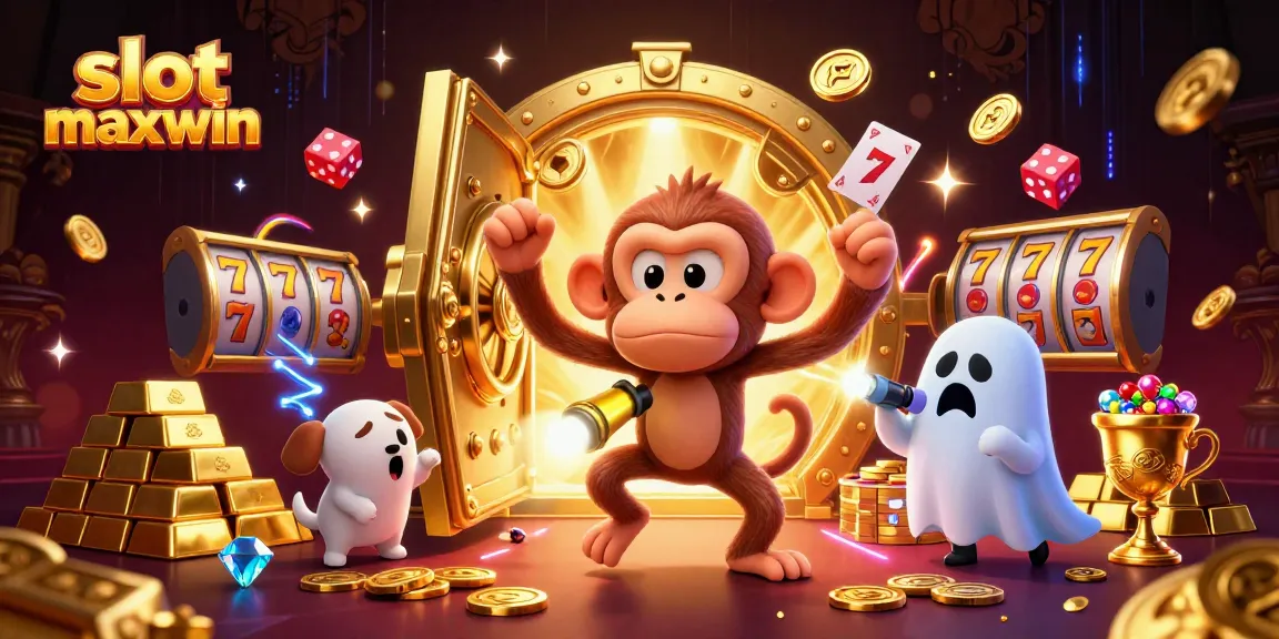 Menangkan permainan slot maxwin dengan harta karun berkilauan dan karakter yang ceria dalam ilustrasi kasino.