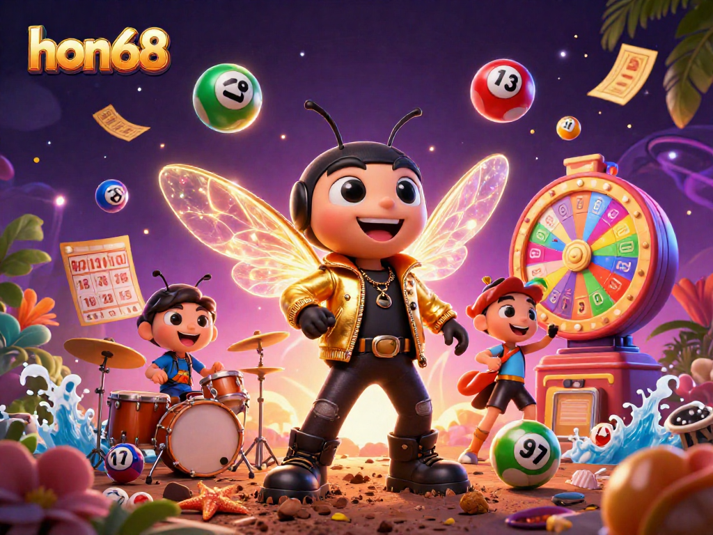 Engage in thrilling gaming action at hon68 with a vibrant 3D illustration of a cicada rock star and lively game elements.