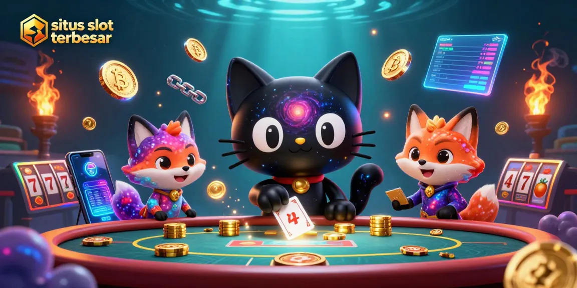 Gambar menarik tentang situs slot terbesar dengan kucing dan rubah menggenggam chip emas di kasino.