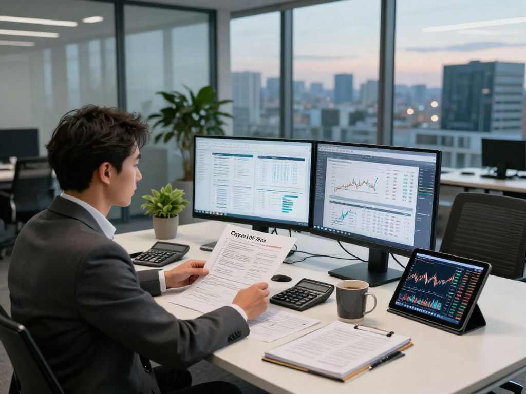 Financial analyst reviewing depo 10k investment insights in a modern office