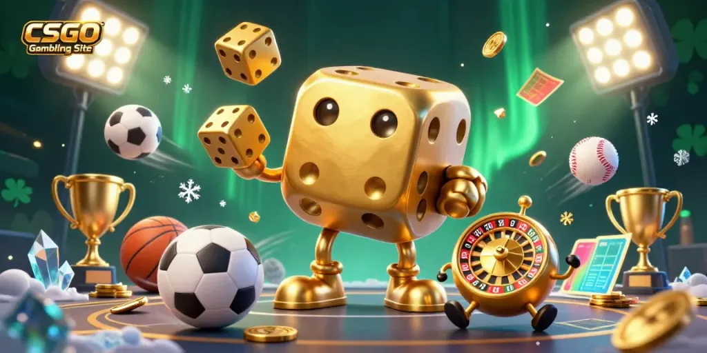 Experience the excitement of CSGO Gambling Site with a golden dice golem, dynamic sports elements, and a vibrant atmosphere.