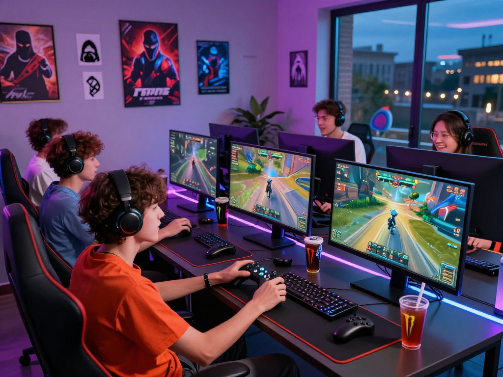 Friends immersed in a fair online gaming competition with vibrant setups and dynamic atmosphere.
