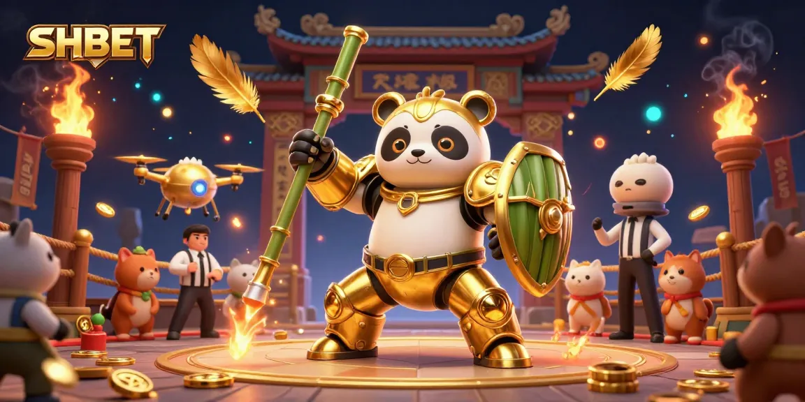 Immerse in SHBET's action-packed casino scene with a golden panda piloting a robot in a vibrant arena.