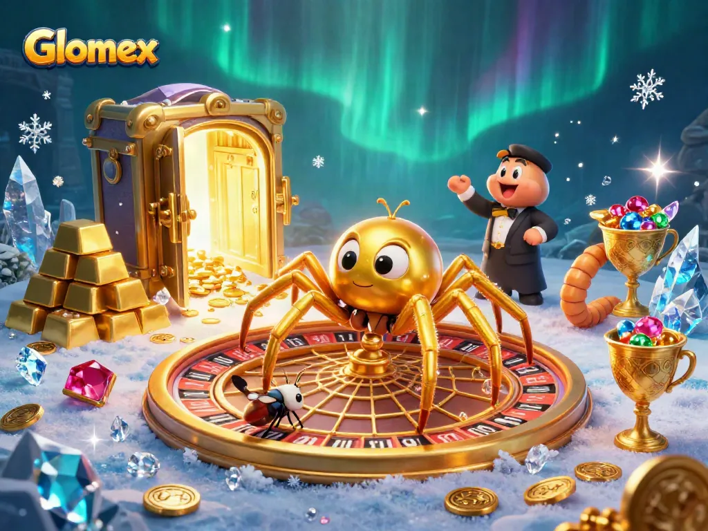 Bet on Glomex with a spider spinning a roulette wheel web in this dynamic 3D illustration.