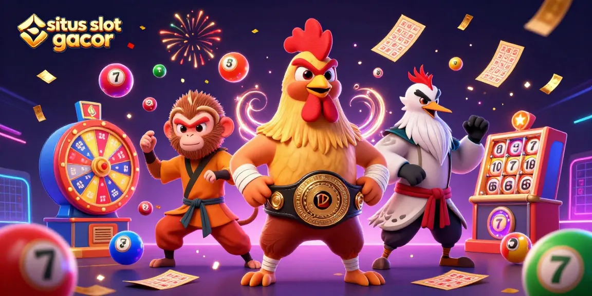 situs slot gacor offers exciting casino gameplay with a dynamic scene featuring colorful lottery elements and martial artists.